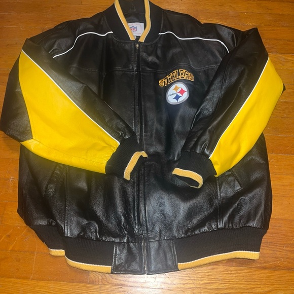 Vintage Pittsburgh Steelers Bomber Jacket XXL Leather Black & Gold Coat - Picture 1 of 16